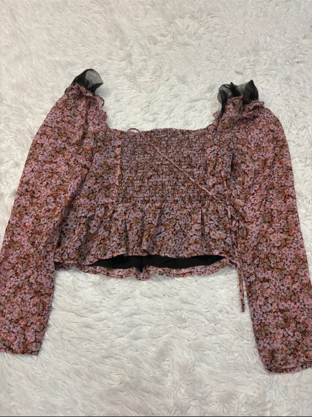 Astr Pink Floral Puff-Sleeve Smocked Peplum Blouse